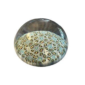 Vintage Murano Close Packed Millefiori Flowers Art Glass Paperweight Blue Green